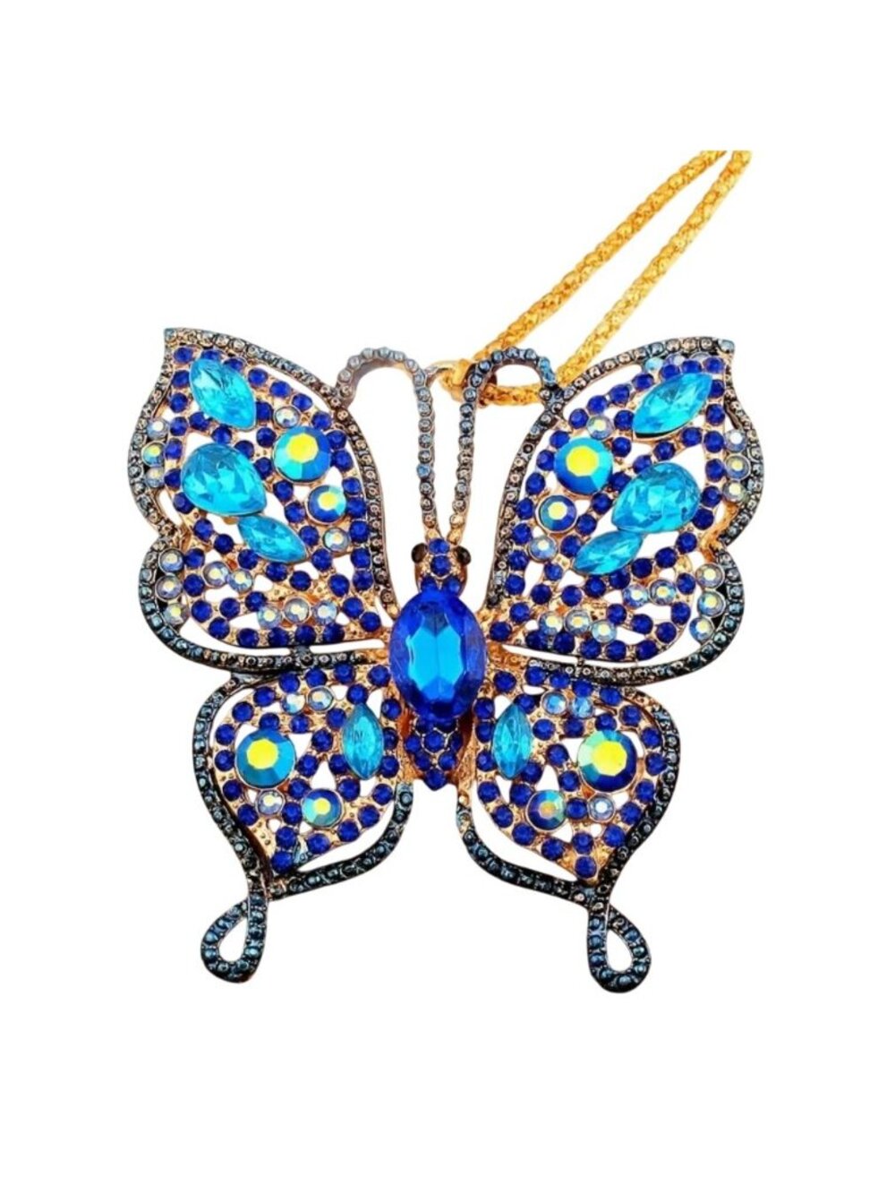 Crystal Butterfly Pendant Necklace Gold Tone Chain Blue & Iridescent